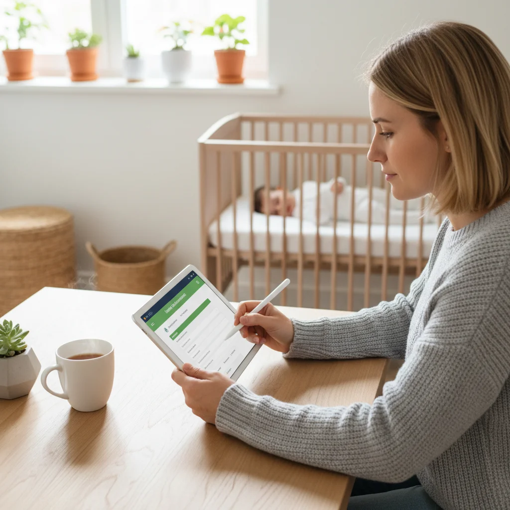 Junge Mutter beantragt Haushaltshilfe nach der Geburt online